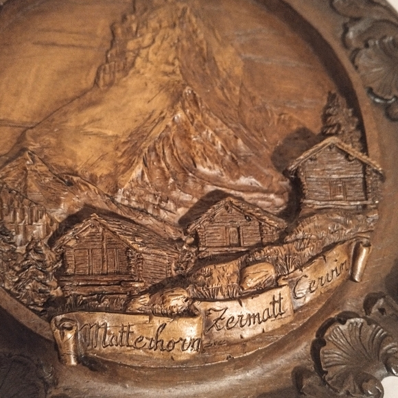 Mid Century "Matterhorn Zermatt Cervin" Carved 3D Resin Faux Wood Wall Art - Picture 5 of 15